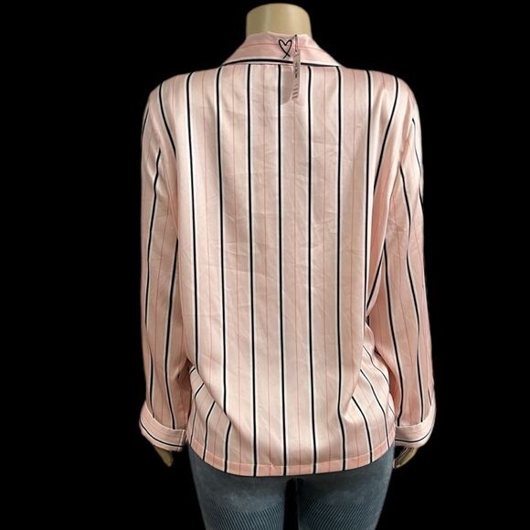 Victorias Secret SILKY SATIN Pajama Jacket Top Only peach Striped Large - Picture 2 of 3